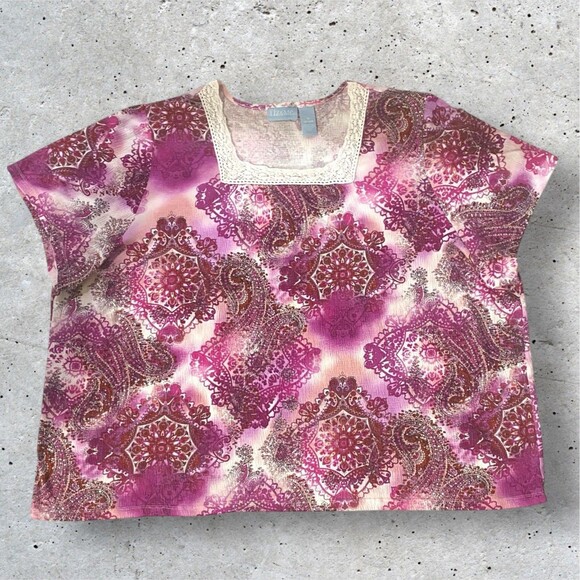 Liz & Me Floral Shirt Paisley Print 3X Short Sleeve Lace Detail Square Neck - Picture 1 of 11